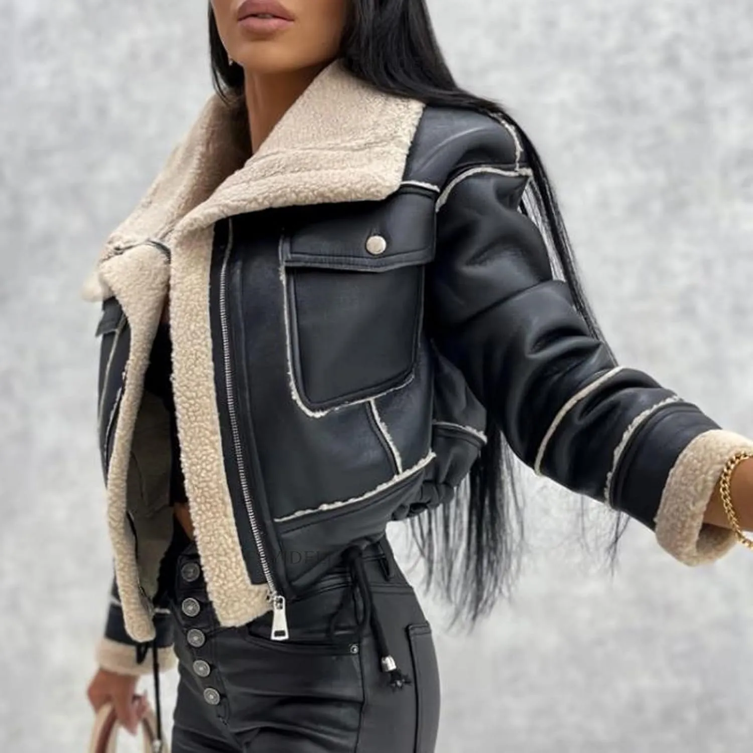 BAIMORE Women's Lapel Sherpa Fleece Lined Zip Up Moto Biker Crop Faux Leather Bomber Jacket