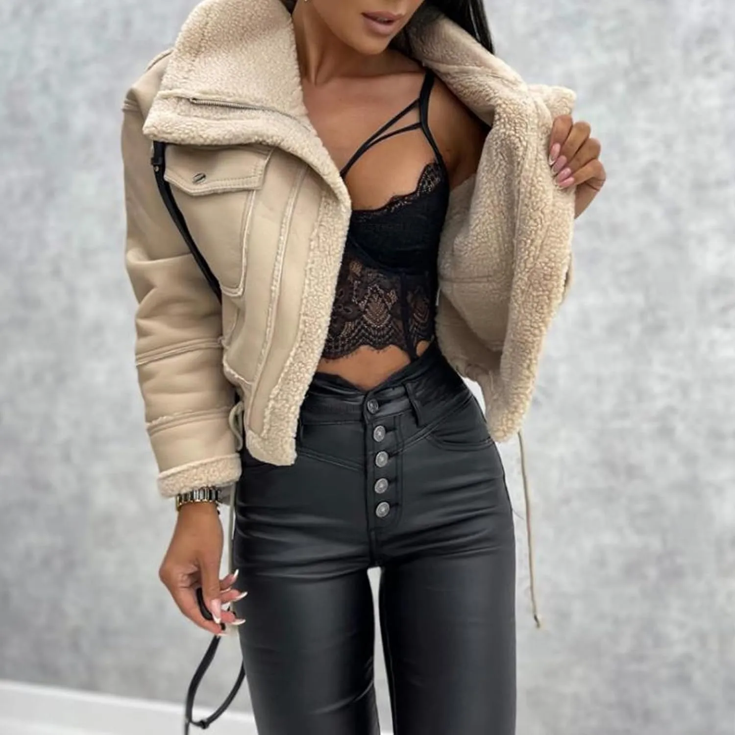 BAIMORE Women's Lapel Sherpa Fleece Lined Zip Up Moto Biker Crop Faux Leather Bomber Jacket