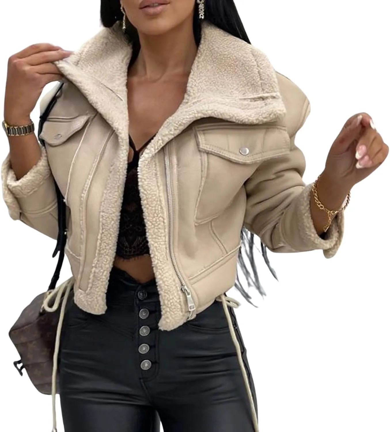 BAIMORE Women's Lapel Sherpa Fleece Lined Zip Up Moto Biker Crop Faux Leather Bomber Jacket