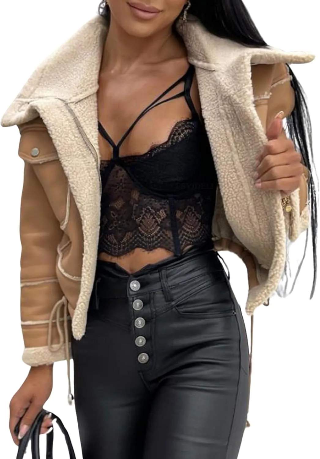 BAIMORE Women's Lapel Sherpa Fleece Lined Zip Up Moto Biker Crop Faux Leather Bomber Jacket