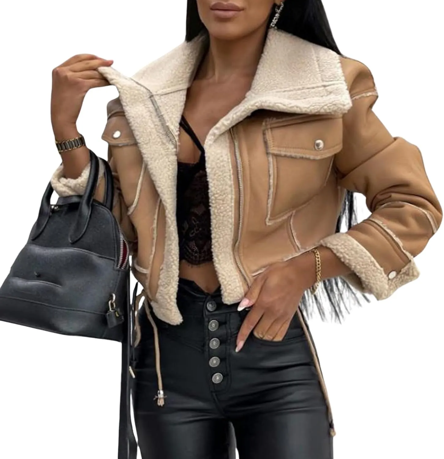BAIMORE Women's Lapel Sherpa Fleece Lined Zip Up Moto Biker Crop Faux Leather Bomber Jacket