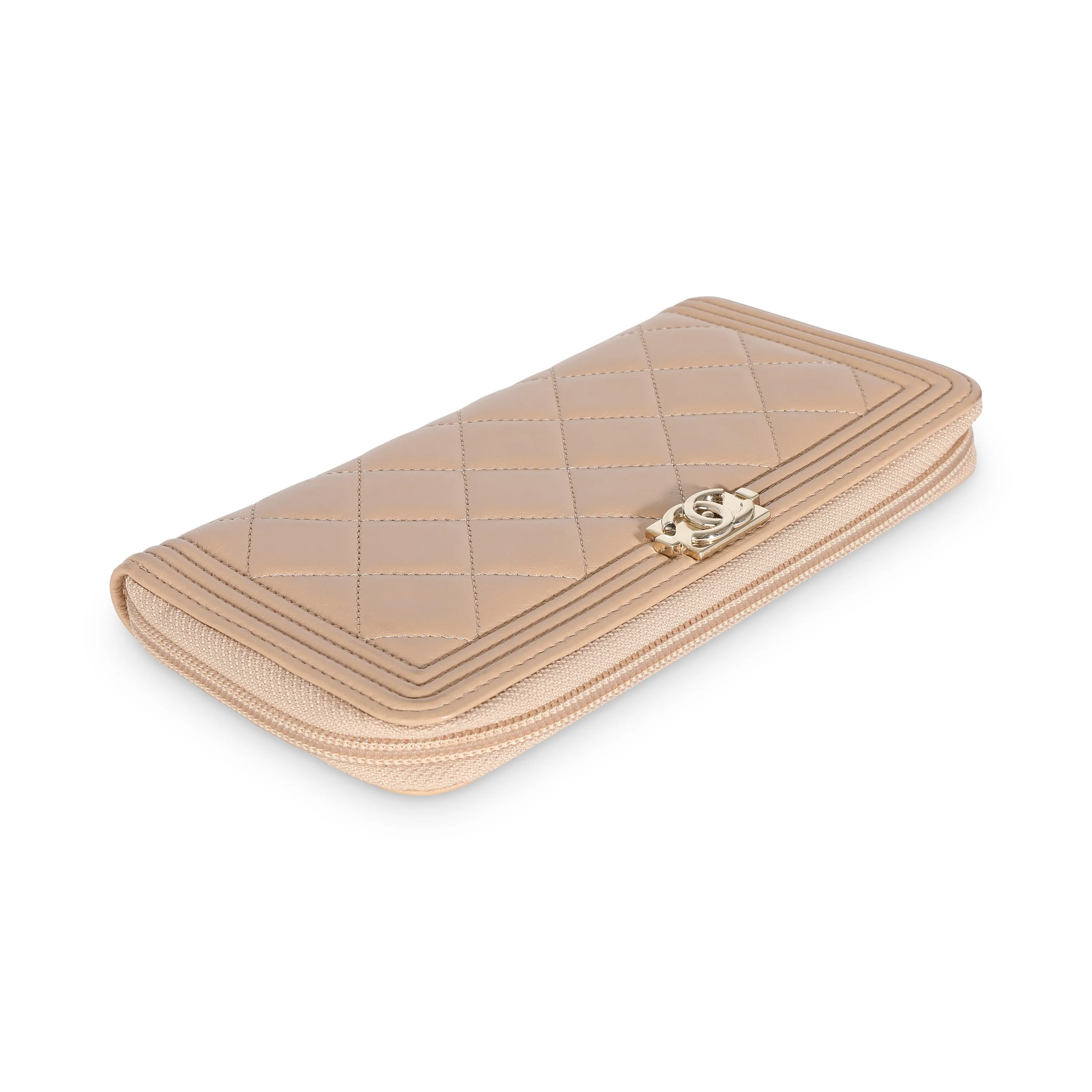 Beige Quilted Lambskin Zip Around Boy Wallet