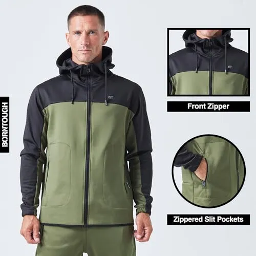 Born Tough Gym Workout Hoodie for Men, Athletic Track Jacket, Mens Gym Hoodie, Black Full Zip-Up Hoodie Running, Bodybuilding