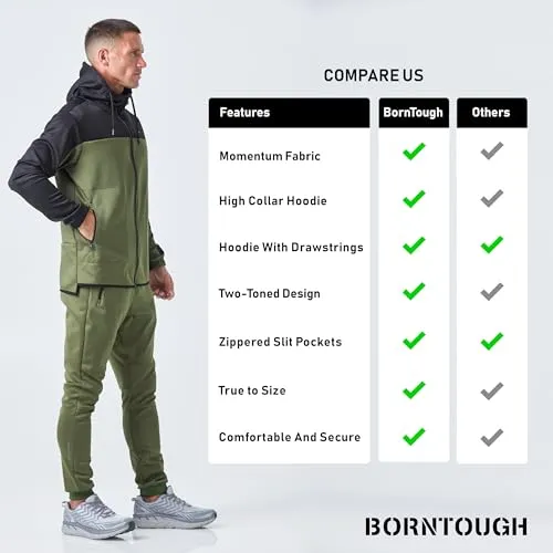 Born Tough Gym Workout Hoodie for Men, Athletic Track Jacket, Mens Gym Hoodie, Black Full Zip-Up Hoodie Running, Bodybuilding