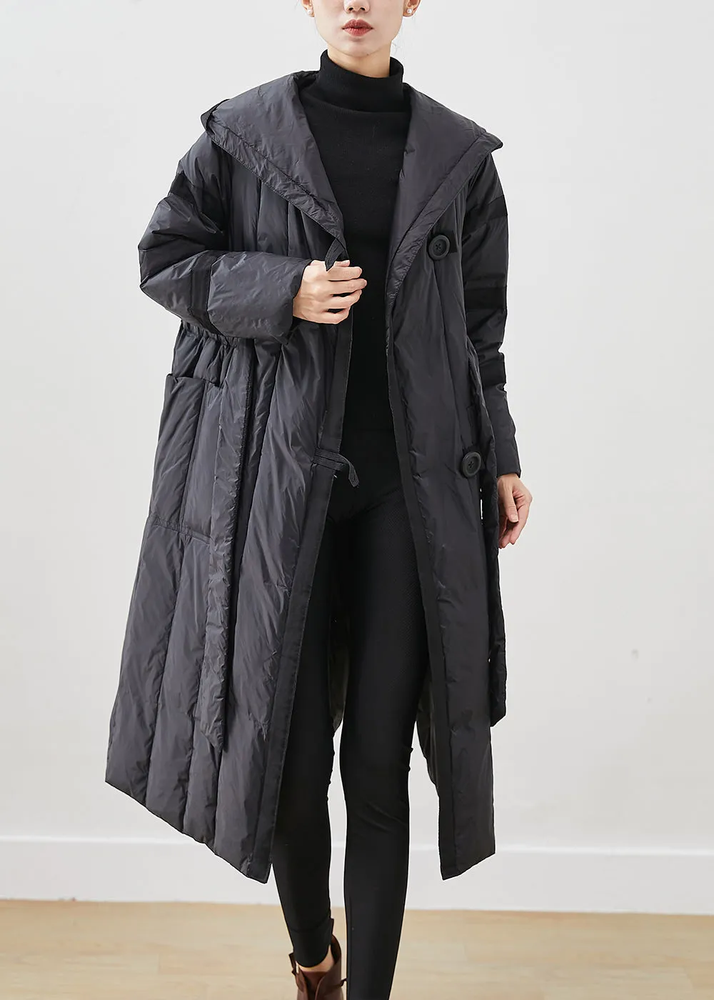 Casual Black Oversized Tie Waist Duck Down Down Coats Winter ML2517
