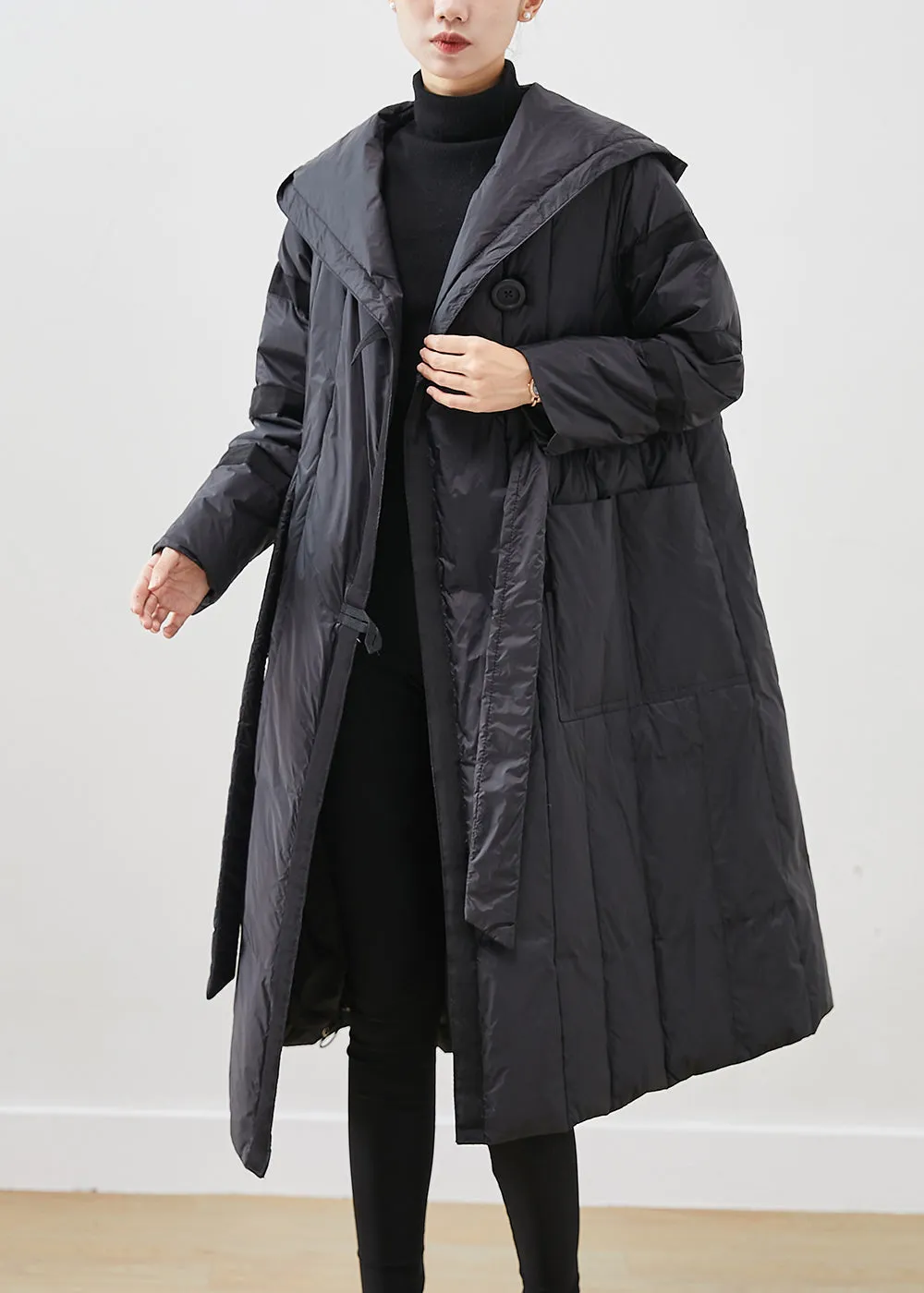 Casual Black Oversized Tie Waist Duck Down Down Coats Winter ML2517