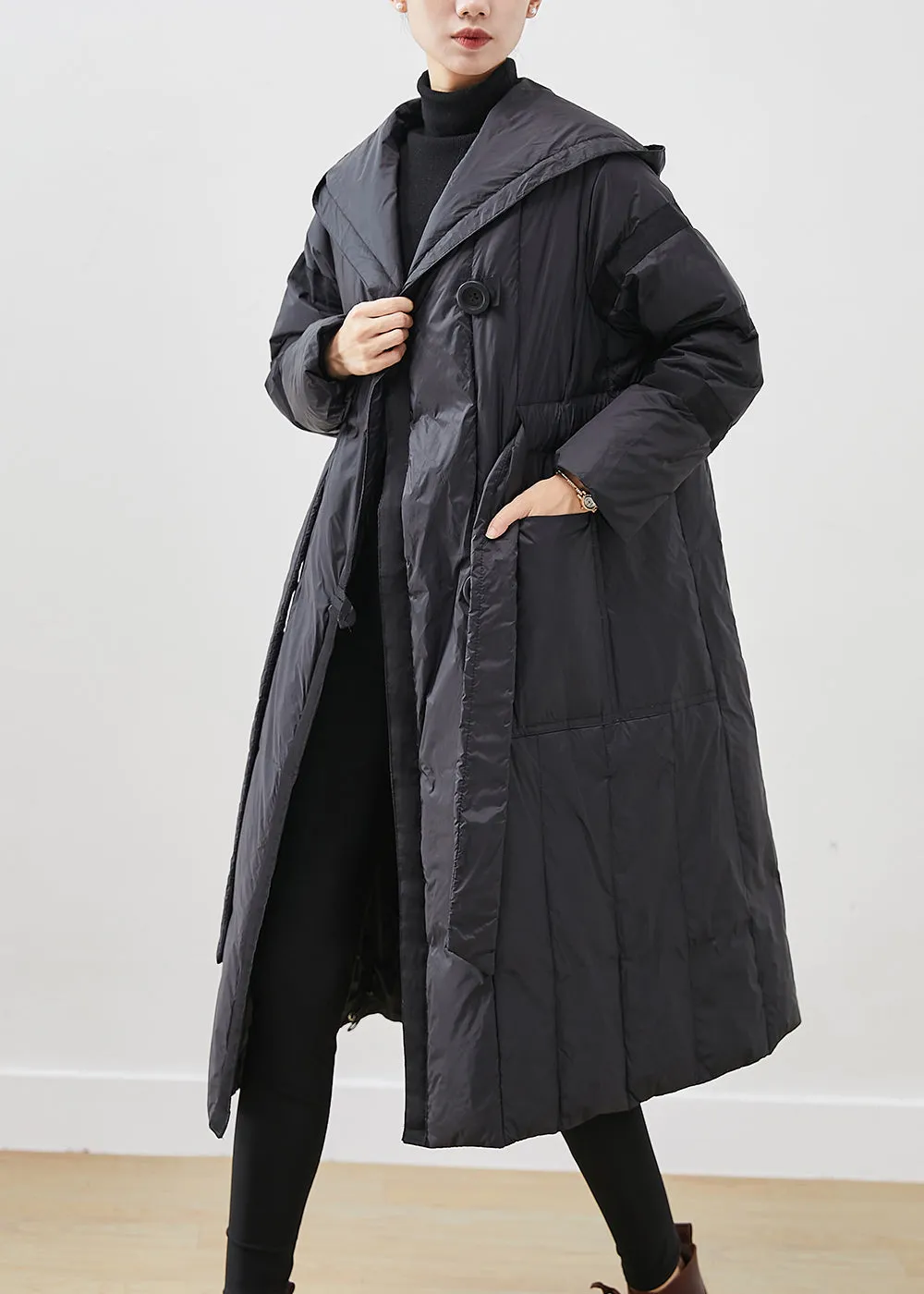 Casual Black Oversized Tie Waist Duck Down Down Coats Winter ML2517