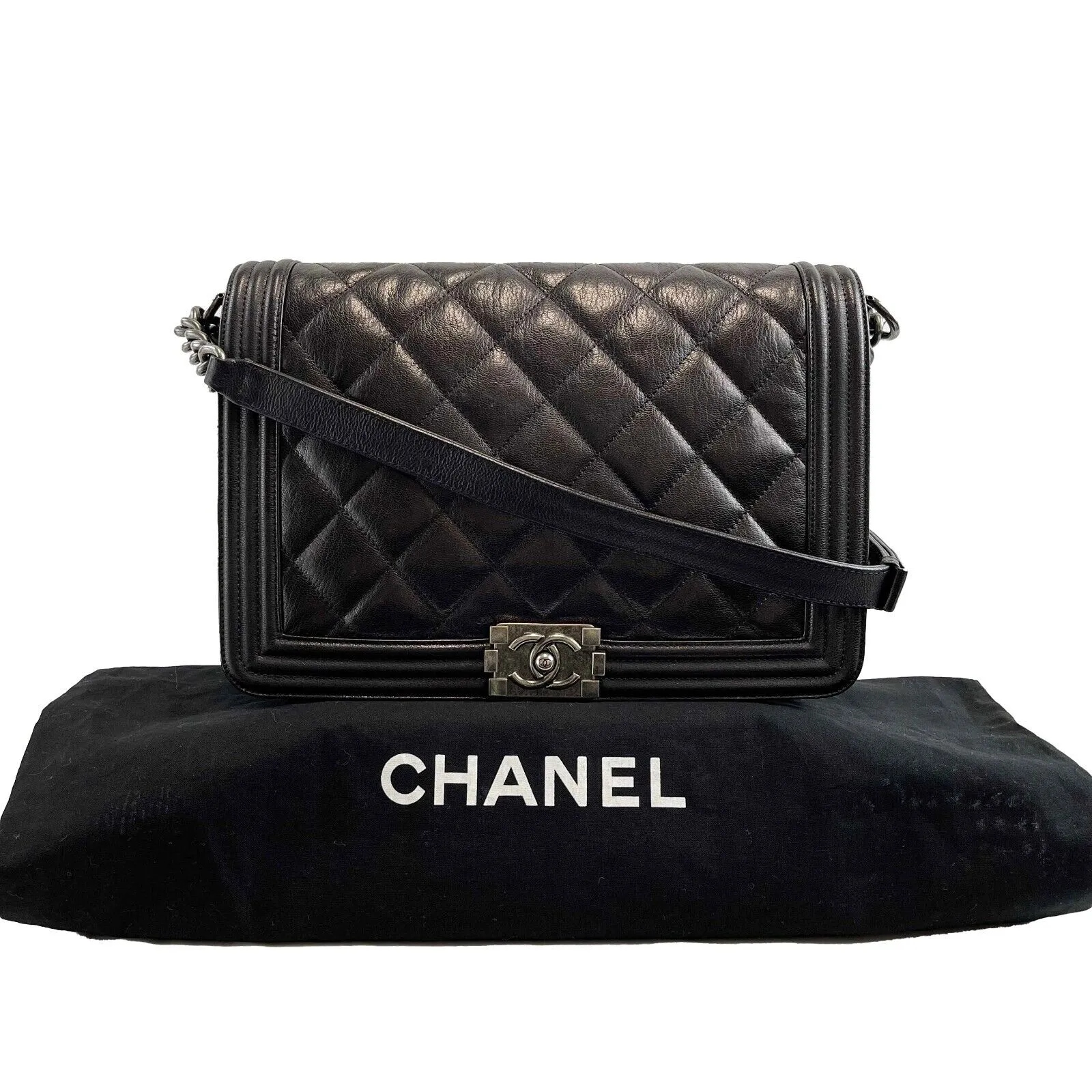 CHANEL Double Stitch Boy Flap Medium Quilted Calfskin Black Handbag
