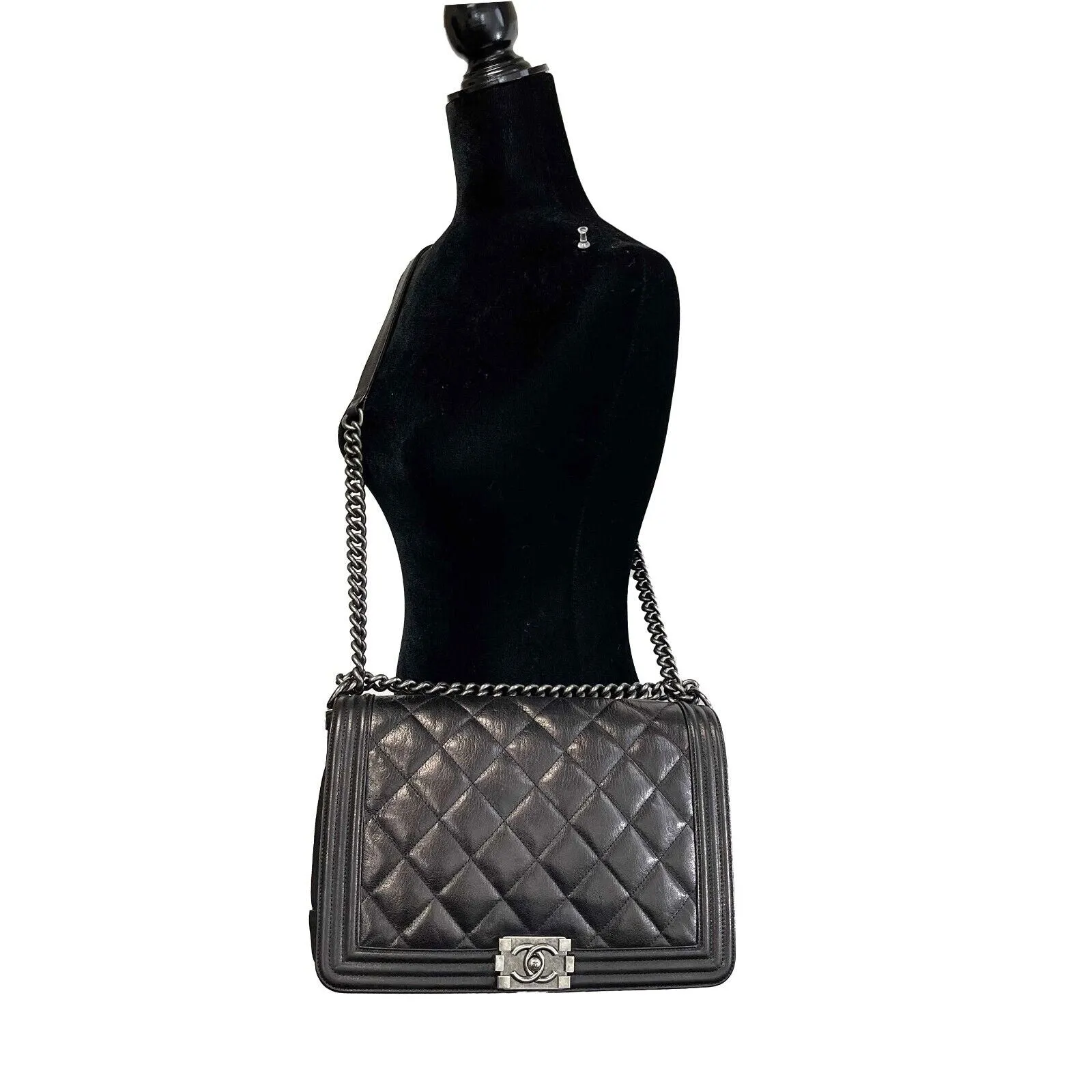 CHANEL Double Stitch Boy Flap Medium Quilted Calfskin Black Handbag