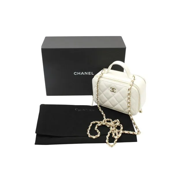 CHANEL Quilted Double Zip Small Vanity Case in White Shiny Lambskin Leather