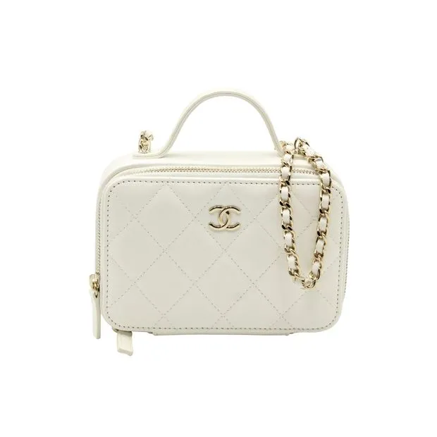 CHANEL Quilted Double Zip Small Vanity Case in White Shiny Lambskin Leather