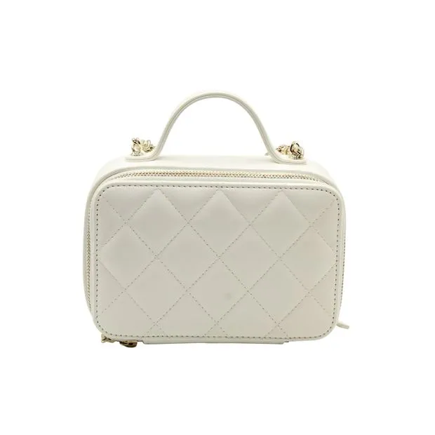 CHANEL Quilted Double Zip Small Vanity Case in White Shiny Lambskin Leather