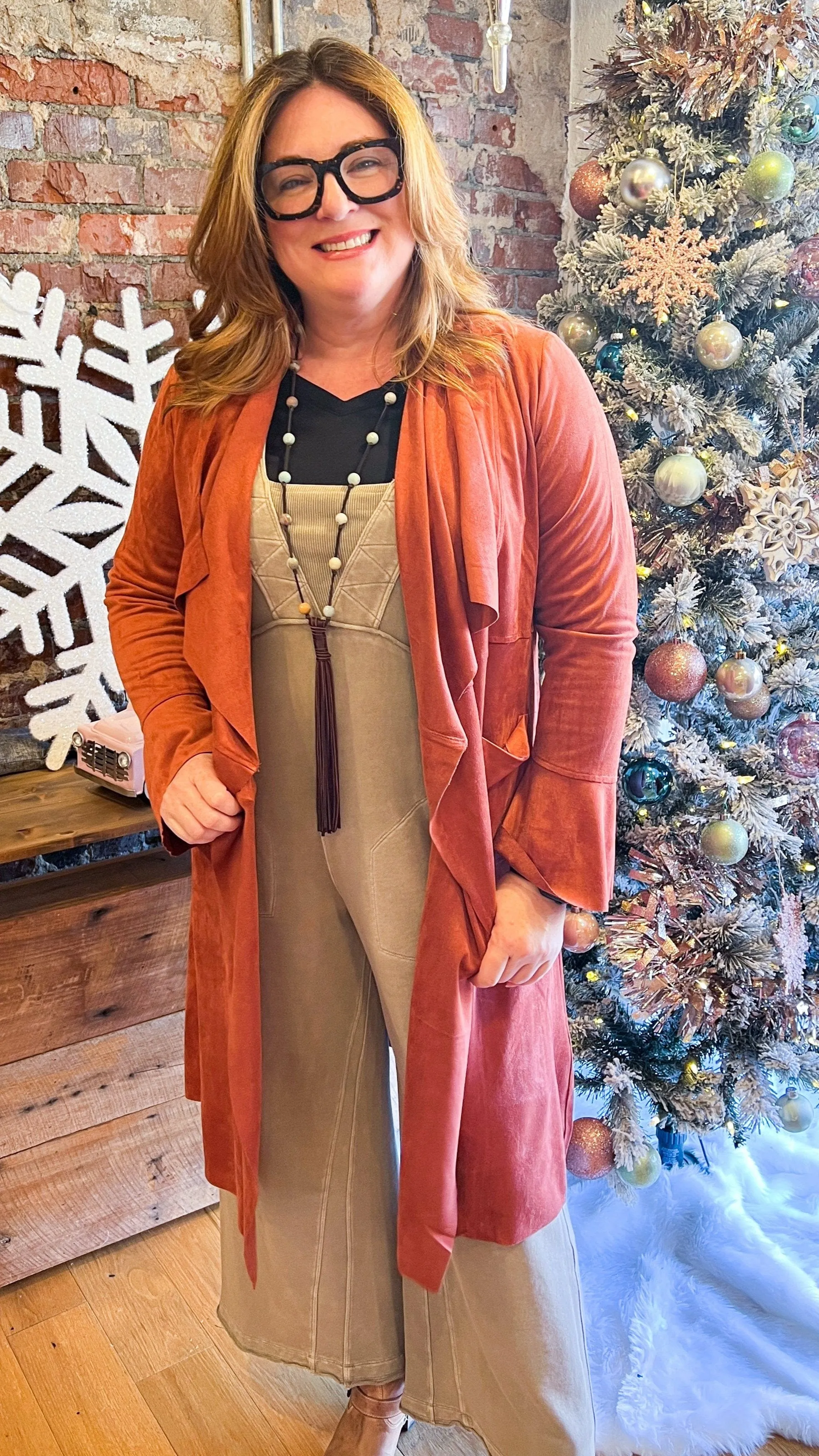 Copper Ultra Suede Long Drape Front Coat Copy