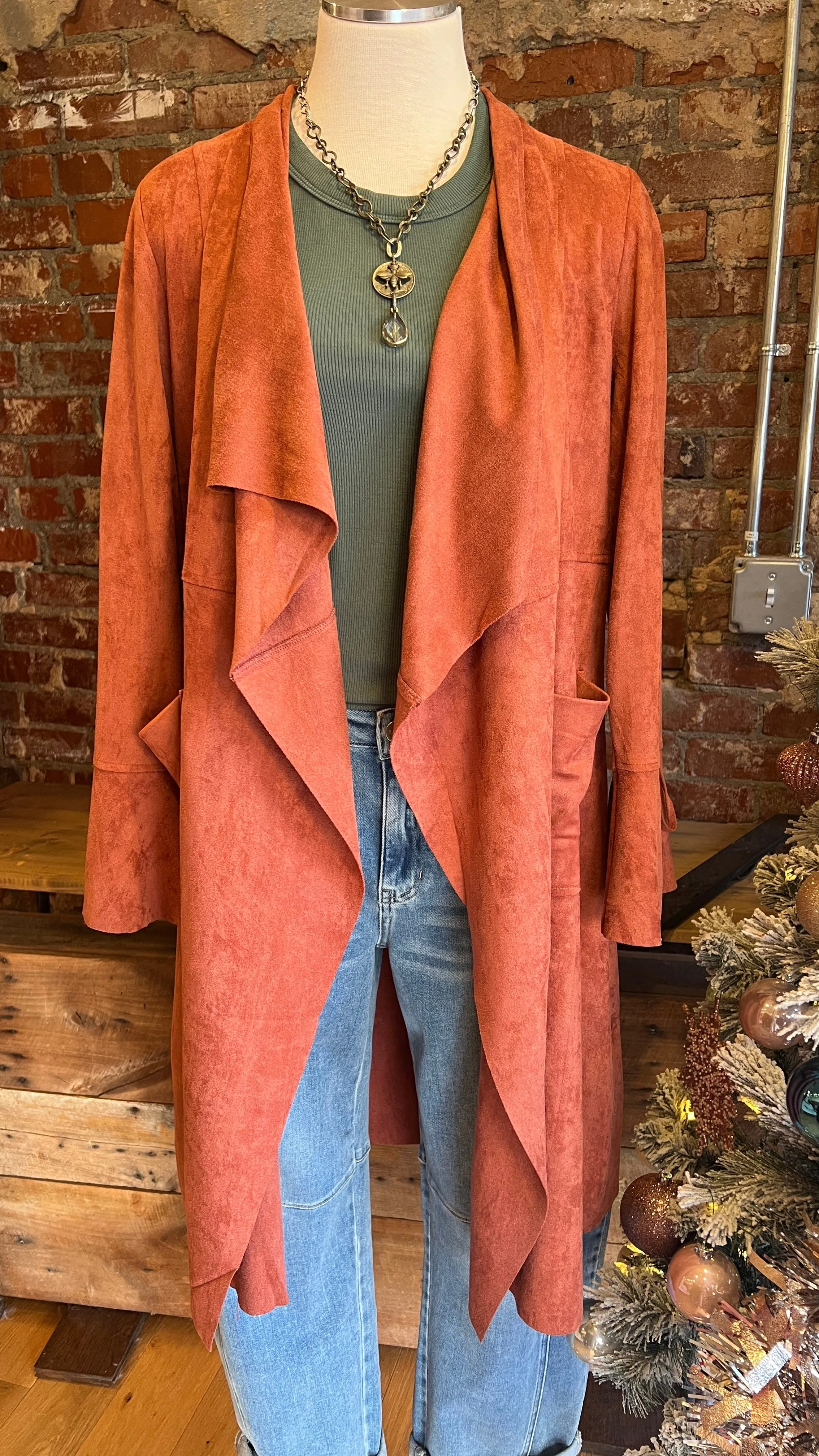 Copper Ultra Suede Long Drape Front Coat Copy