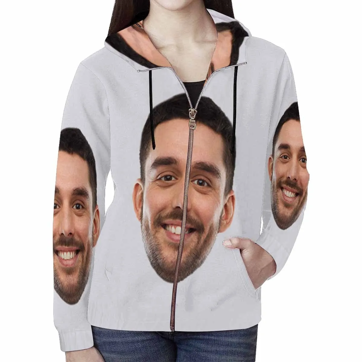Custom Boyfriend Face Full Zip Hoodie Gray Women's All Over Print Personalized Zipper Hoodie with Husband Face for Him