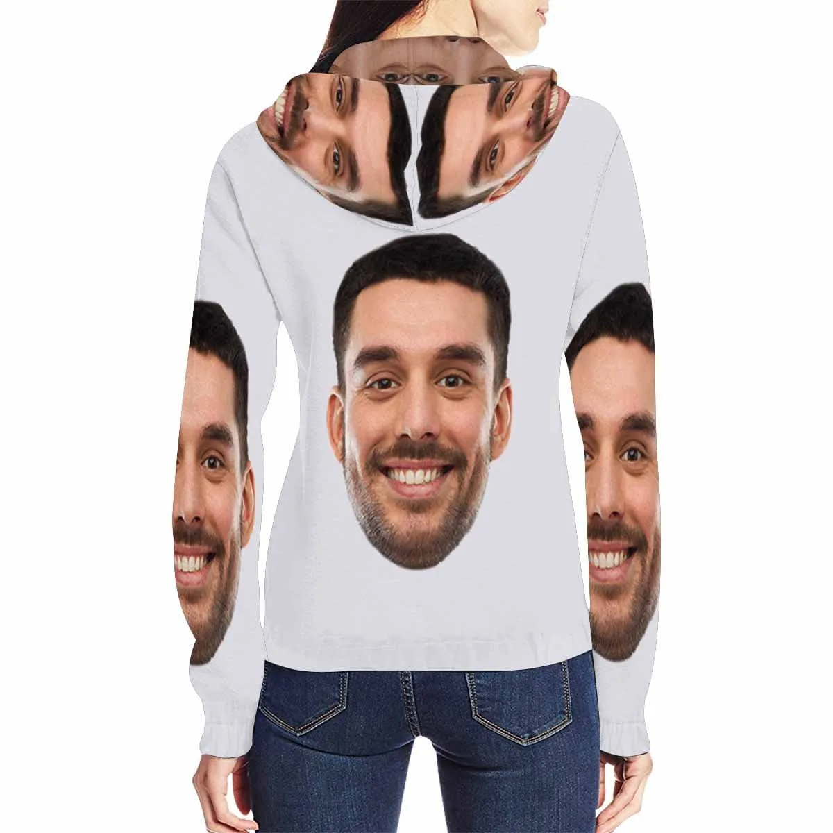 Custom Boyfriend Face Full Zip Hoodie Gray Women's All Over Print Personalized Zipper Hoodie with Husband Face for Him