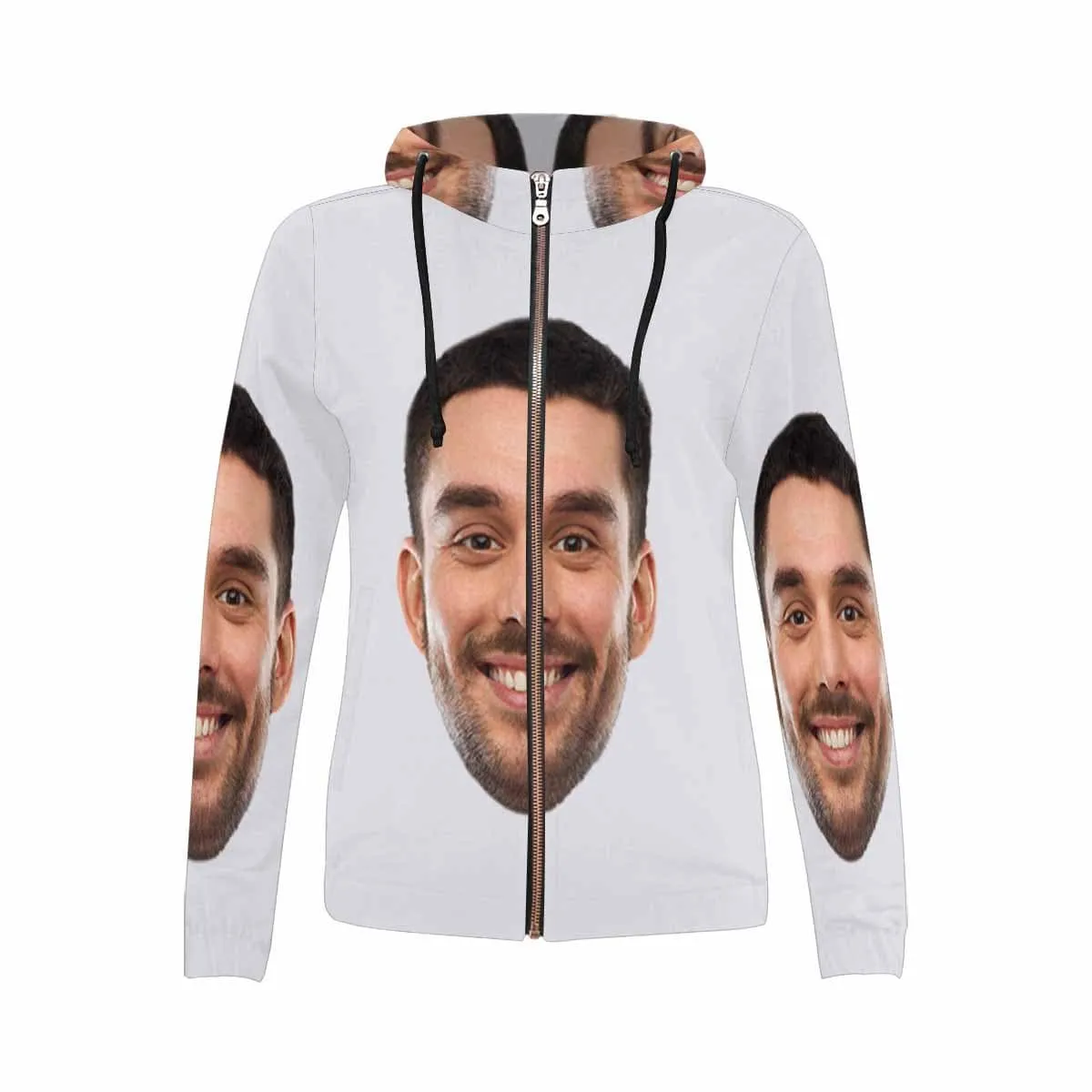 Custom Boyfriend Face Full Zip Hoodie Gray Women's All Over Print Personalized Zipper Hoodie with Husband Face for Him