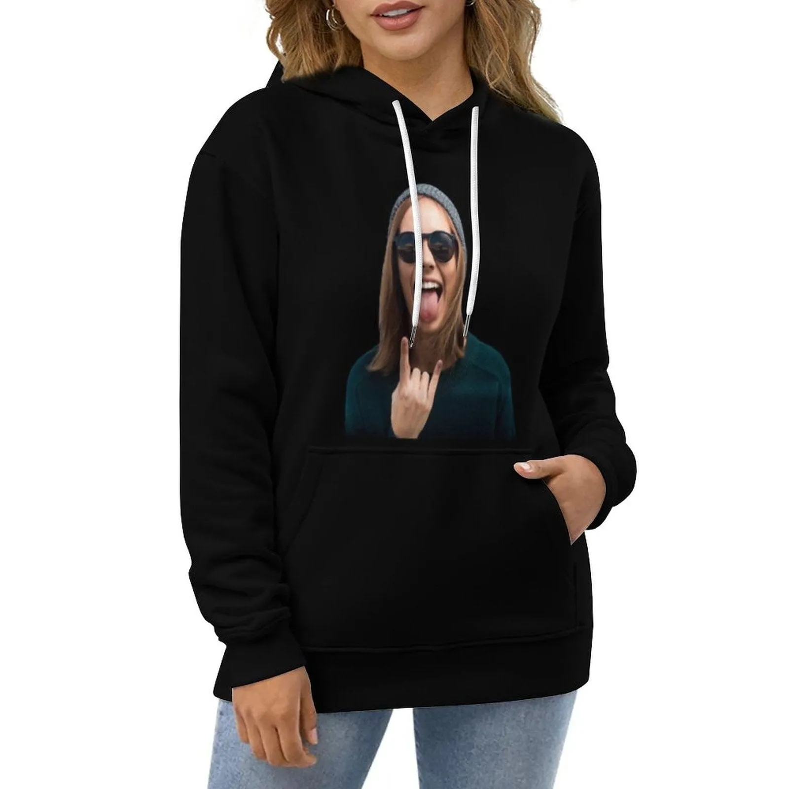 Custom Face Black Unisex Hoodie Personalized Face Black Hoodie with Design Large Size Loose Hoodie Top Outfits