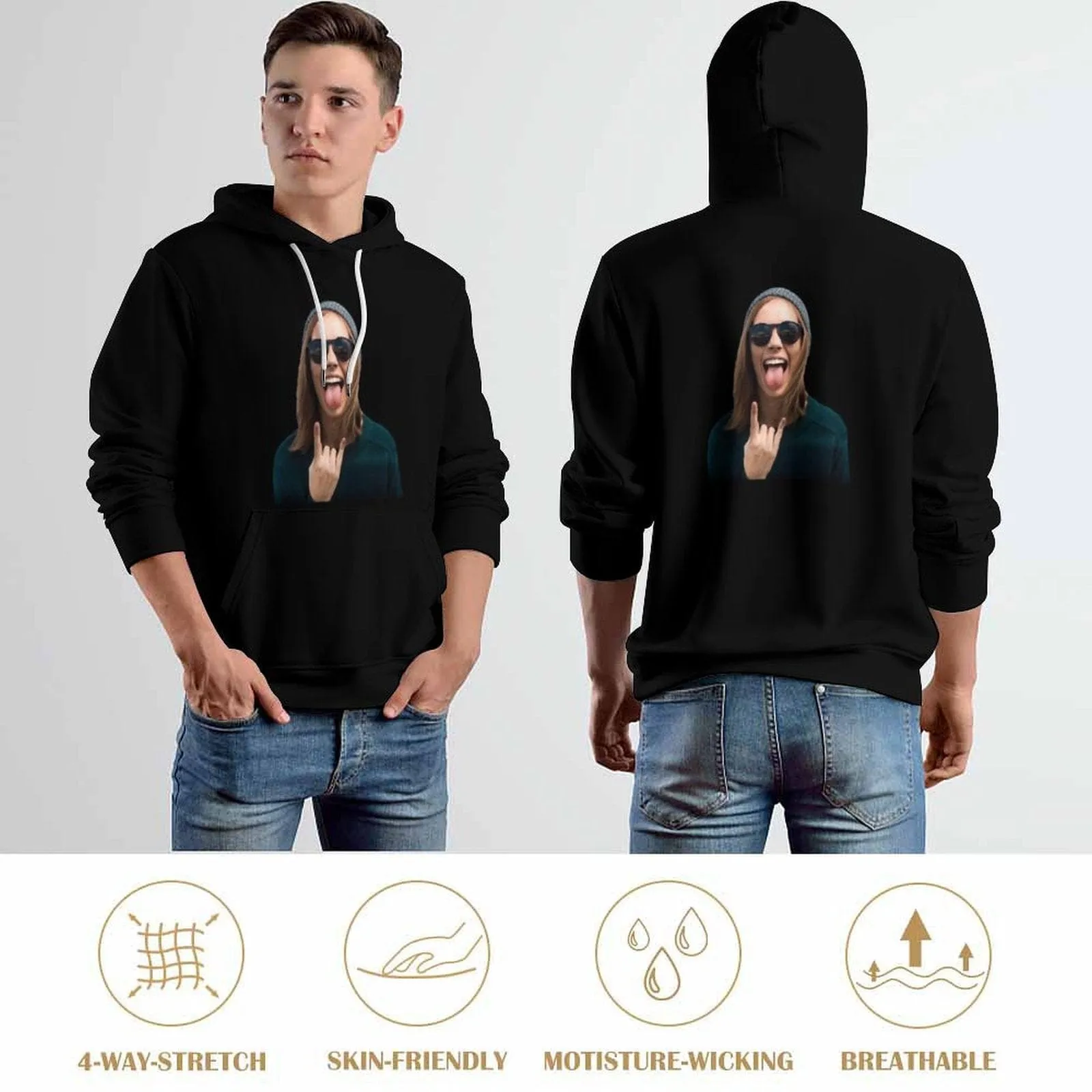 Custom Face Black Unisex Hoodie Personalized Face Black Hoodie with Design Large Size Loose Hoodie Top Outfits