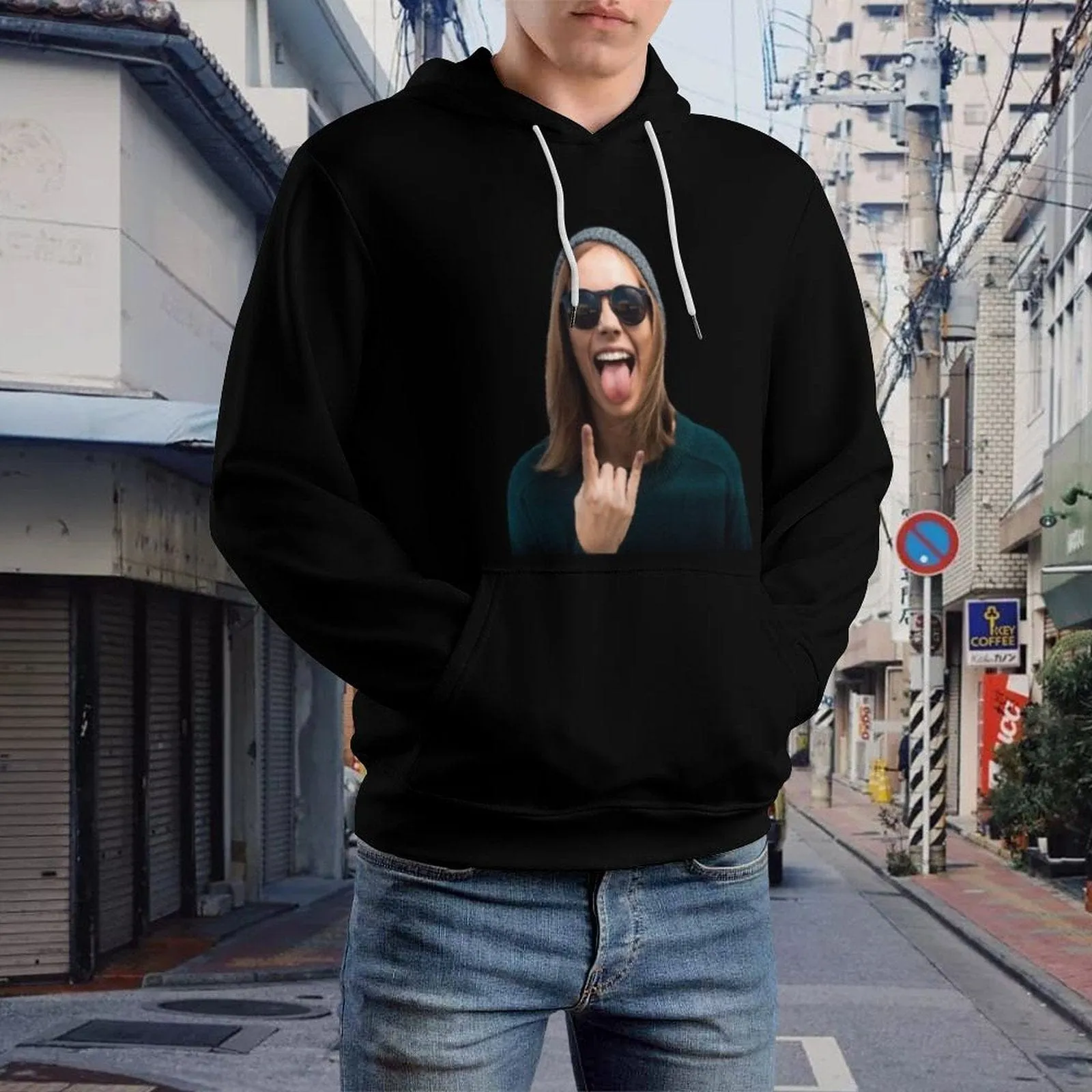 Custom Face Black Unisex Hoodie Personalized Face Black Hoodie with Design Large Size Loose Hoodie Top Outfits