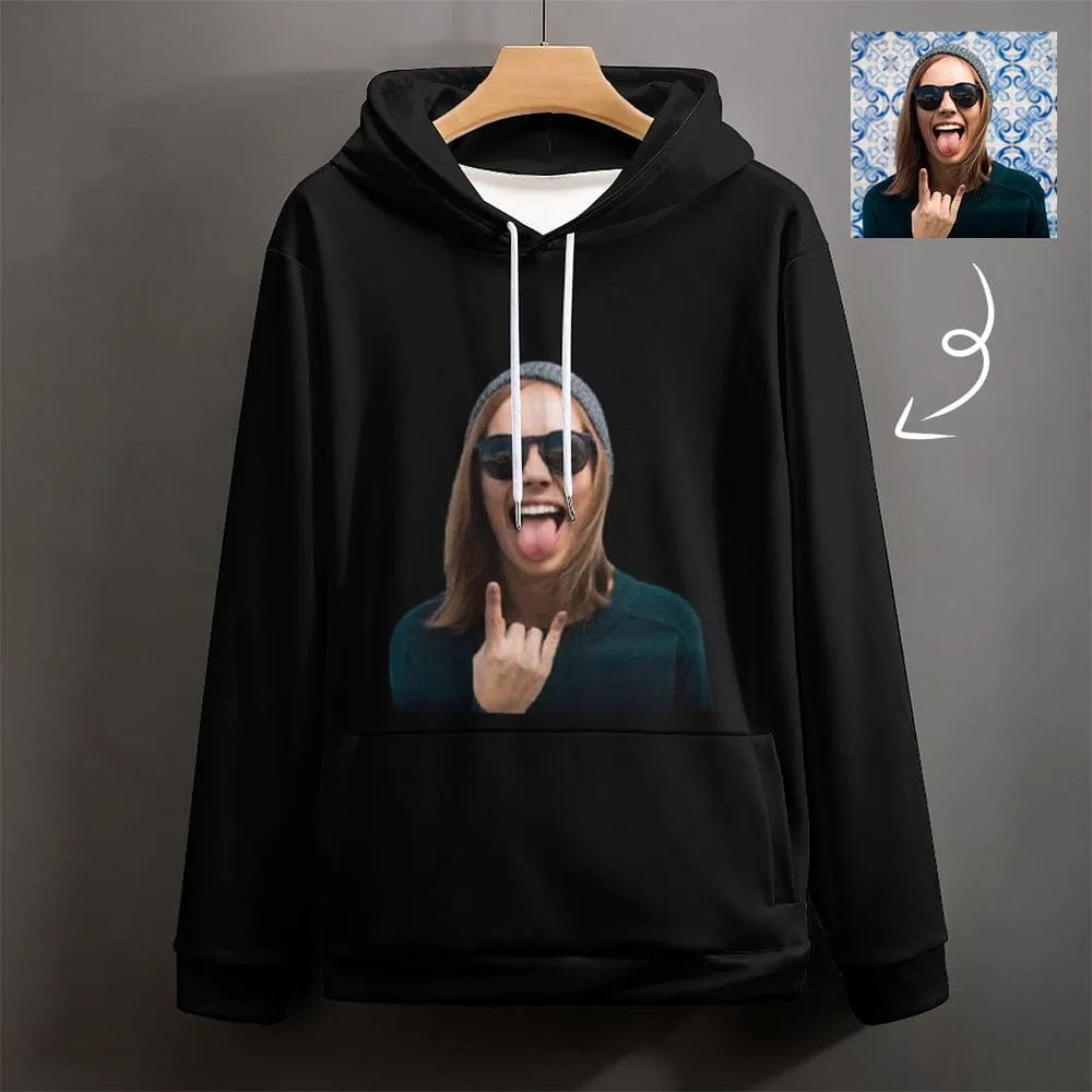 Custom Face Black Unisex Hoodie Personalized Face Black Hoodie with Design Large Size Loose Hoodie Top Outfits