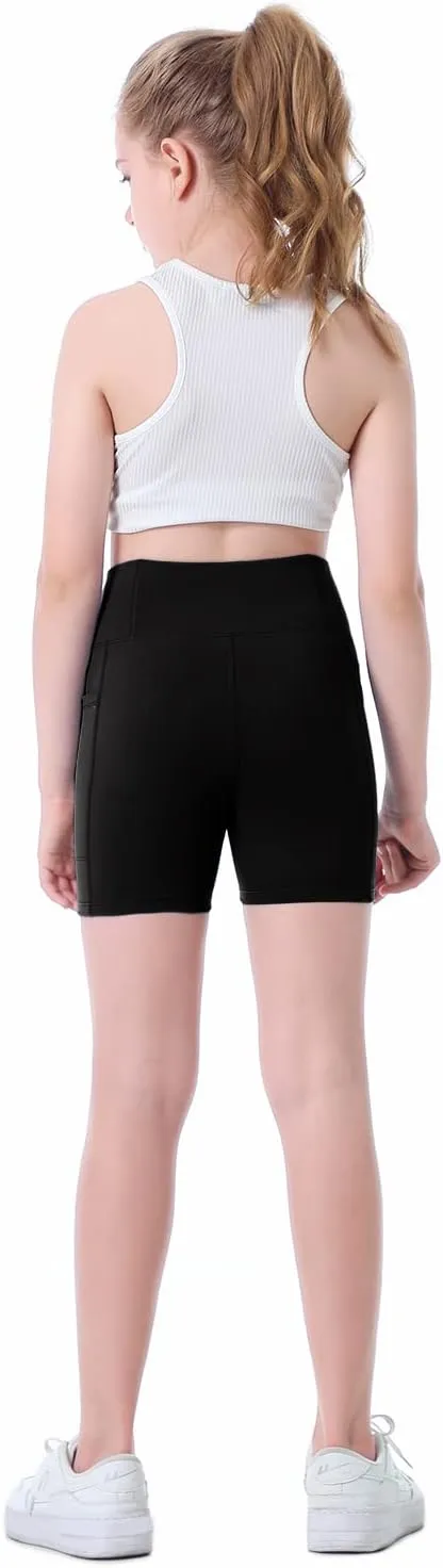 Girls Biker Shorts Kids Yoga Shorts High Waisted Spandex Athletic Running Volleyball Shorts with Pockets