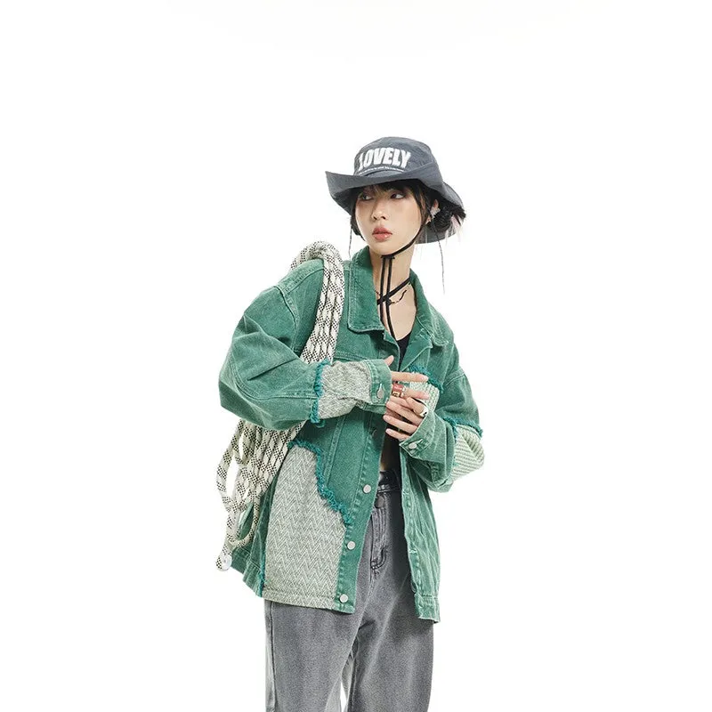 Irregular stitching distressed unisex denim jacket