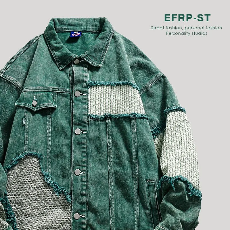 Irregular stitching distressed unisex denim jacket
