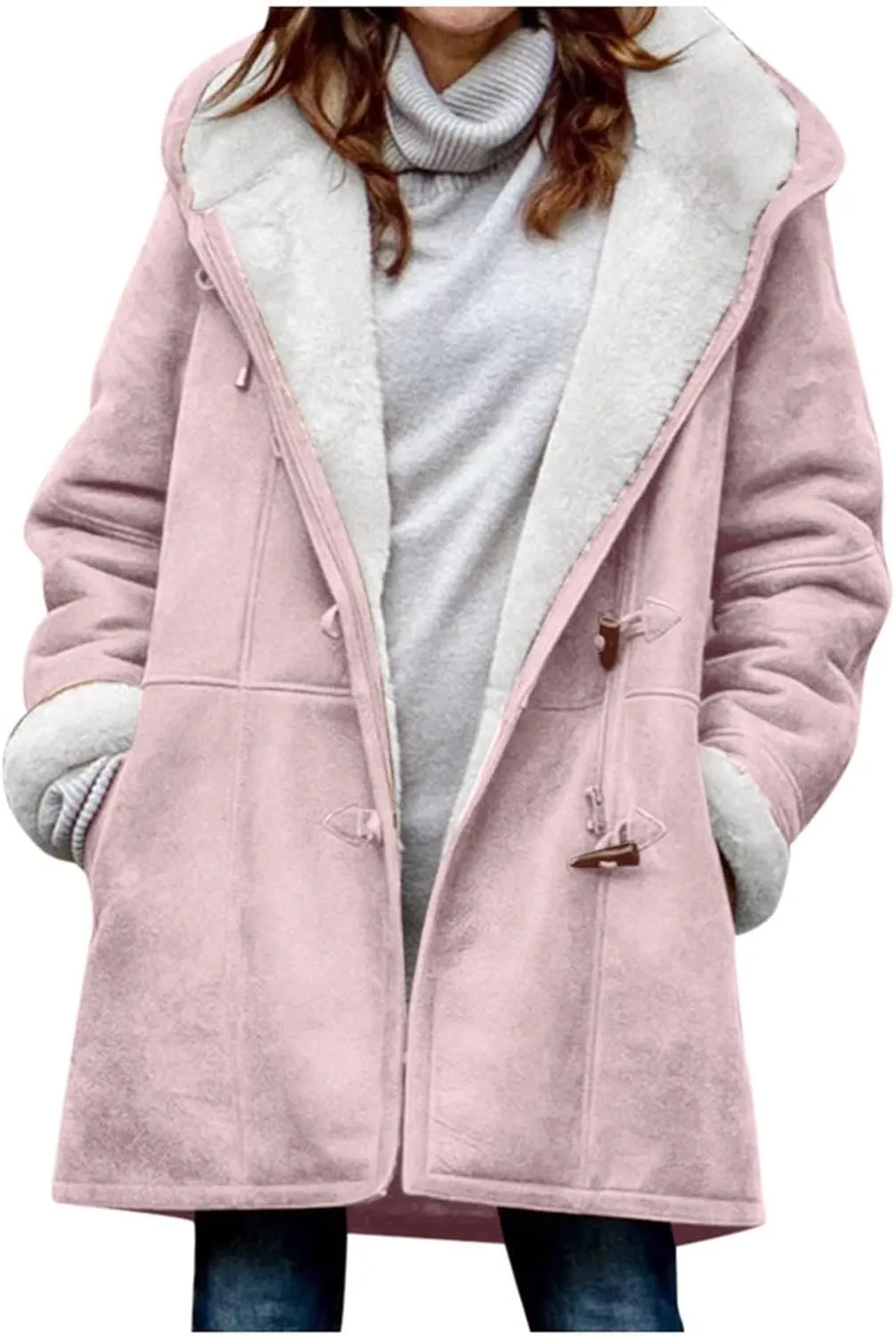 Jackets for Women 2024 Warm Sherpa Fleece Lined Distressed Jackets Hooded Parka Faux Suede Pea Coat Outerwear