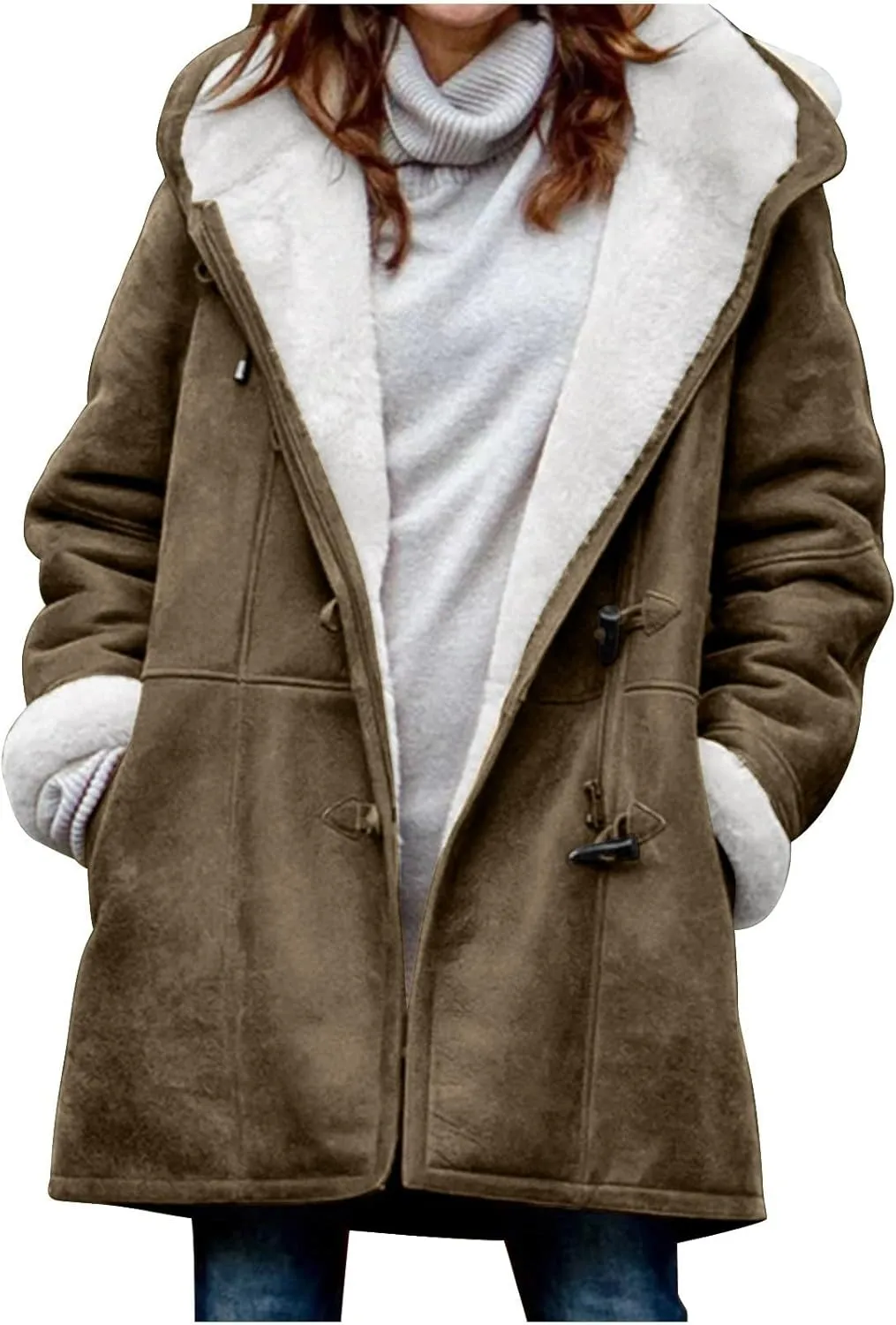 Jackets for Women 2024 Warm Sherpa Fleece Lined Distressed Jackets Hooded Parka Faux Suede Pea Coat Outerwear