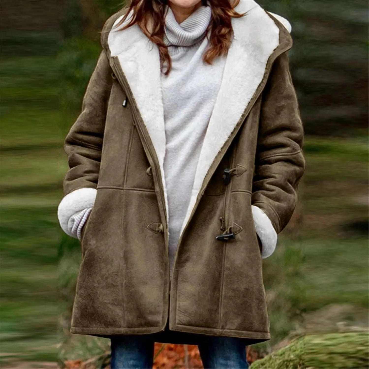 Jackets for Women 2024 Warm Sherpa Fleece Lined Distressed Jackets Hooded Parka Faux Suede Pea Coat Outerwear