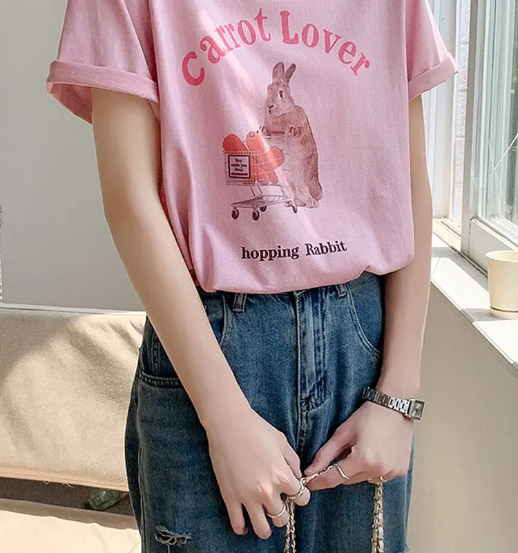 Kawaii Pink Cartoon Rabbit Print T-Shirt