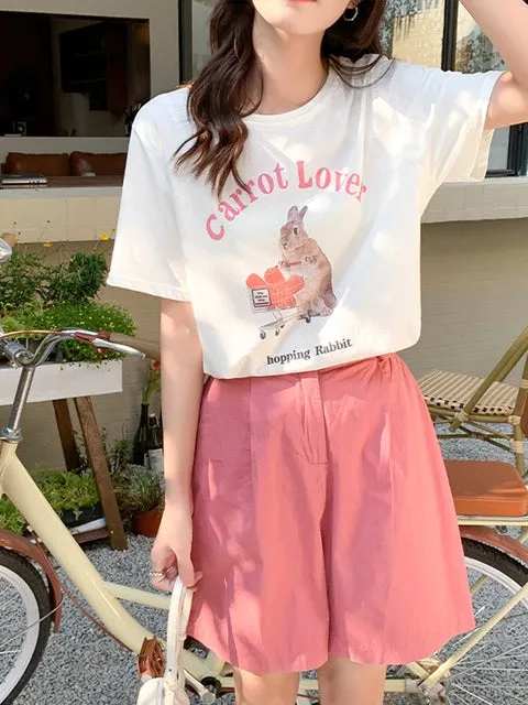 Kawaii Pink Cartoon Rabbit Print T-Shirt