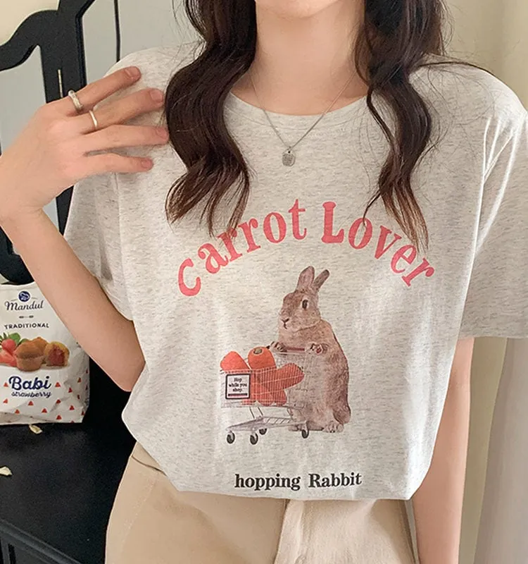 Kawaii Pink Cartoon Rabbit Print T-Shirt
