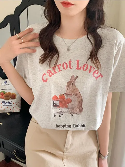 Kawaii Pink Cartoon Rabbit Print T-Shirt