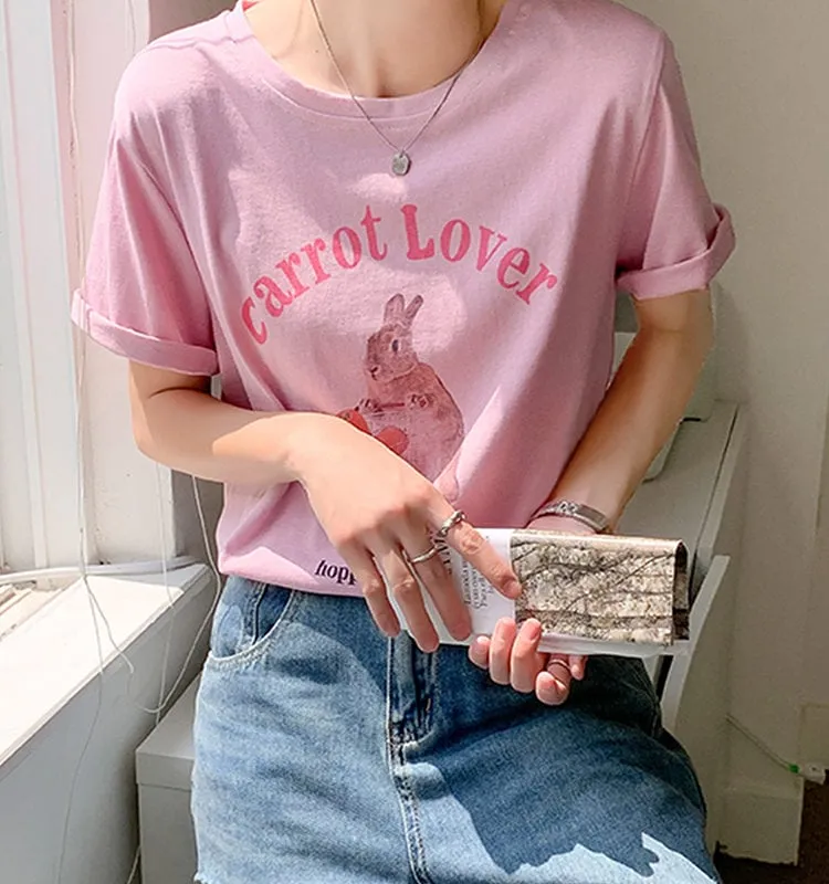 Kawaii Pink Cartoon Rabbit Print T-Shirt