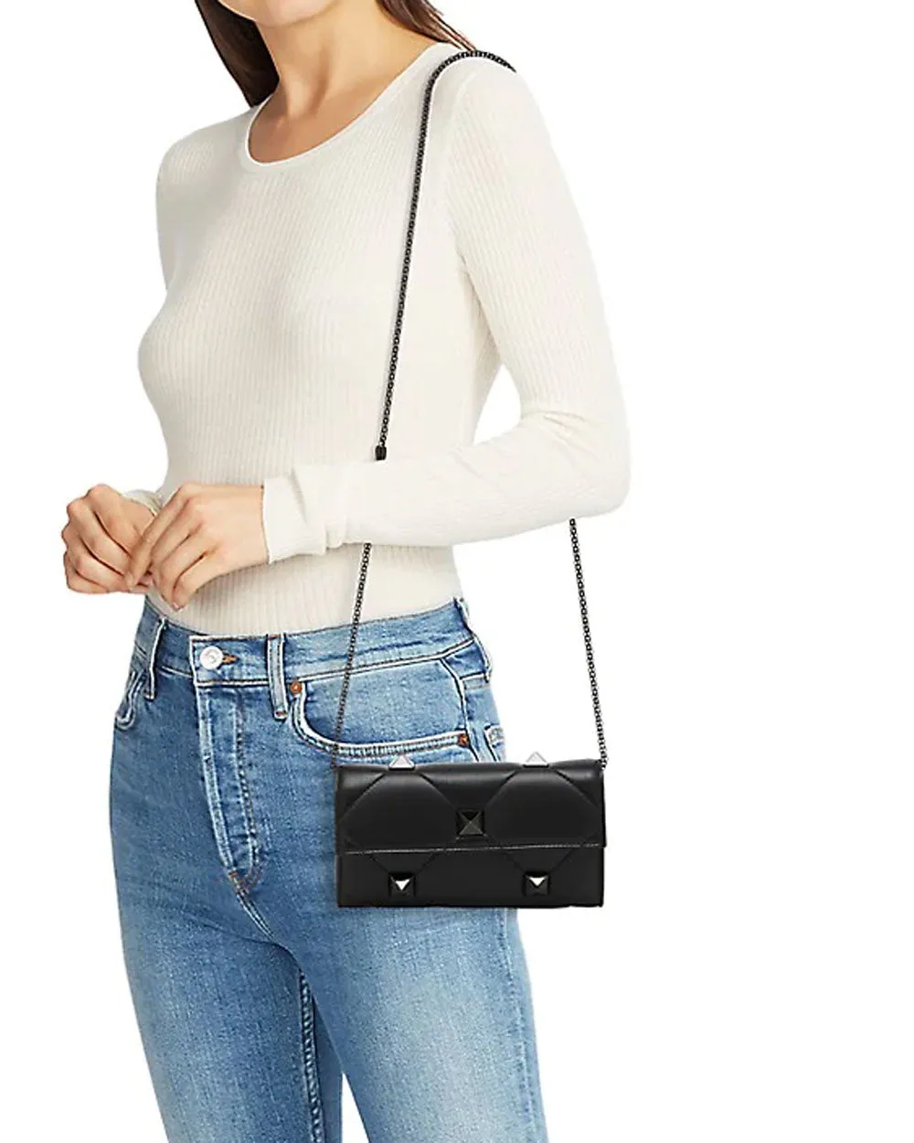 Medium Roman Stud Quilted Crossbody Bag in Nero
