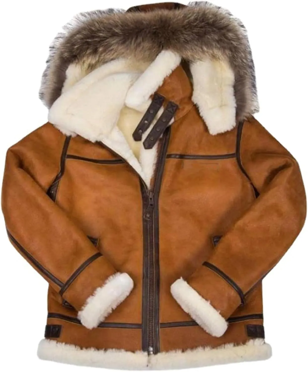 Mens Faux Suede Shearling Leather Coat B3 Bomber Jacket with Sheepskin Distressed Vintage Aviator Shearling