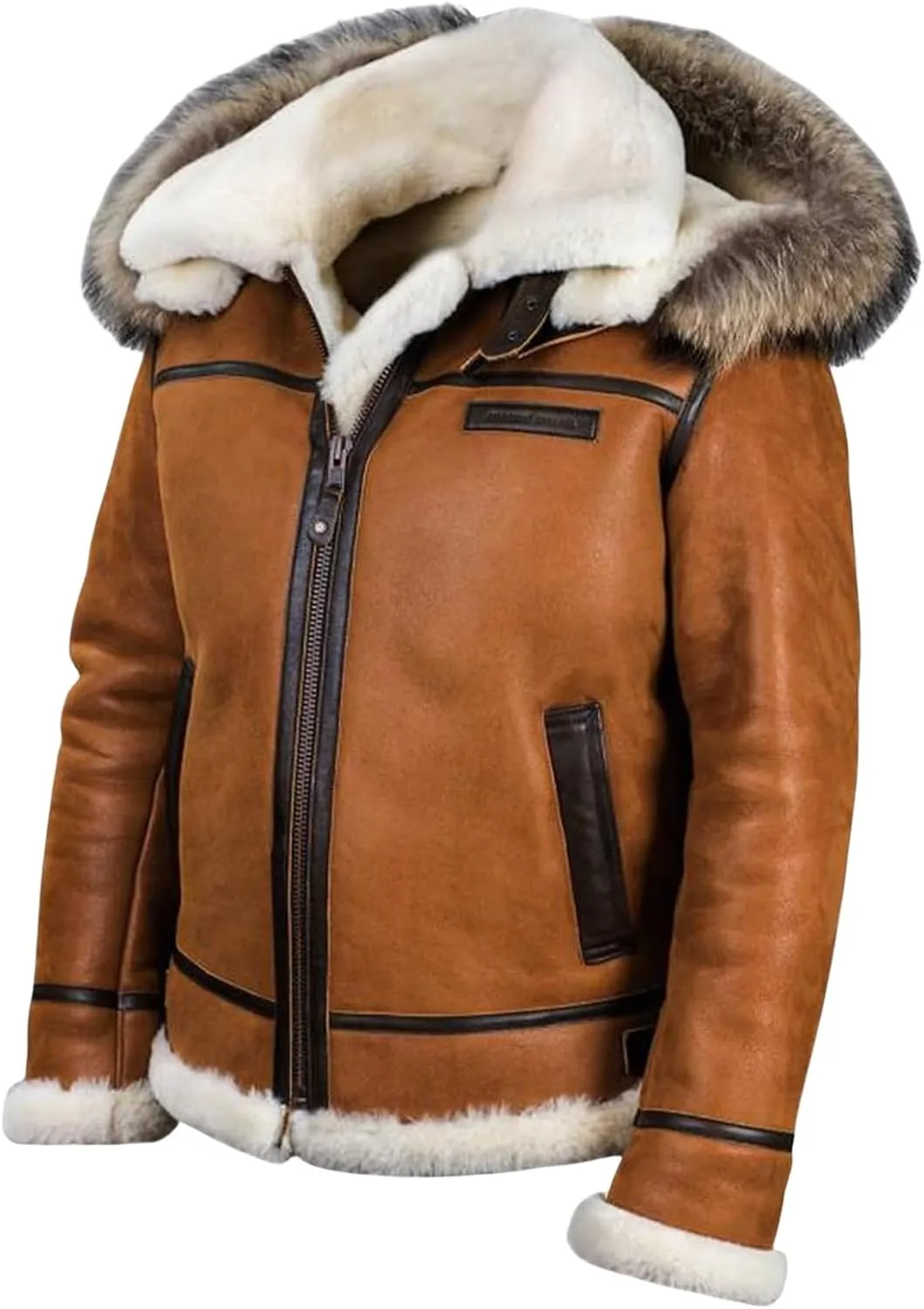 Mens Faux Suede Shearling Leather Coat B3 Bomber Jacket with Sheepskin Distressed Vintage Aviator Shearling
