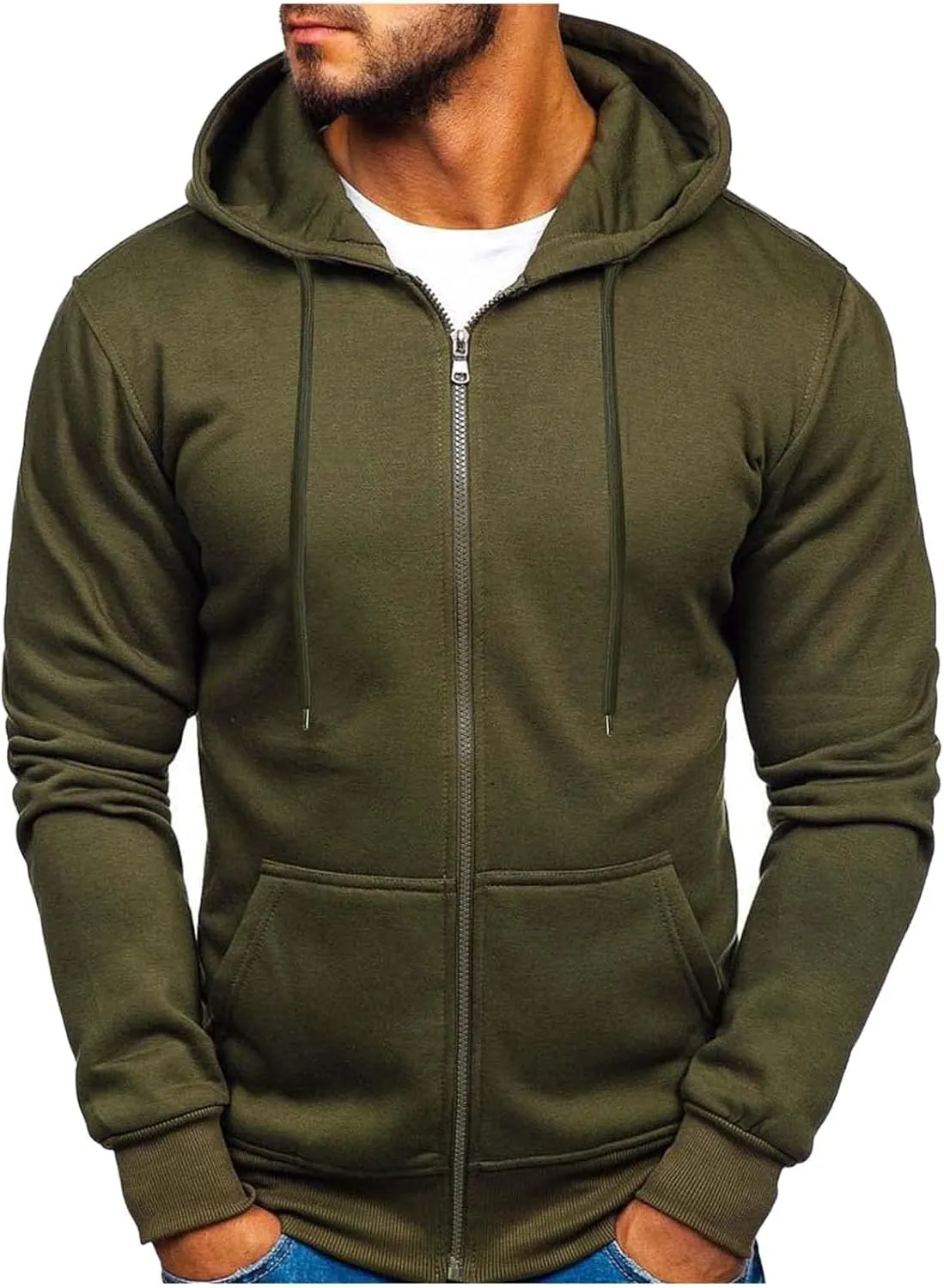 Men's Full Zip Hooded Sweatshirt Drawstring Long Sleeve Jacket Casual Solid Workout Athletic Running Hoodies Top with Pockets