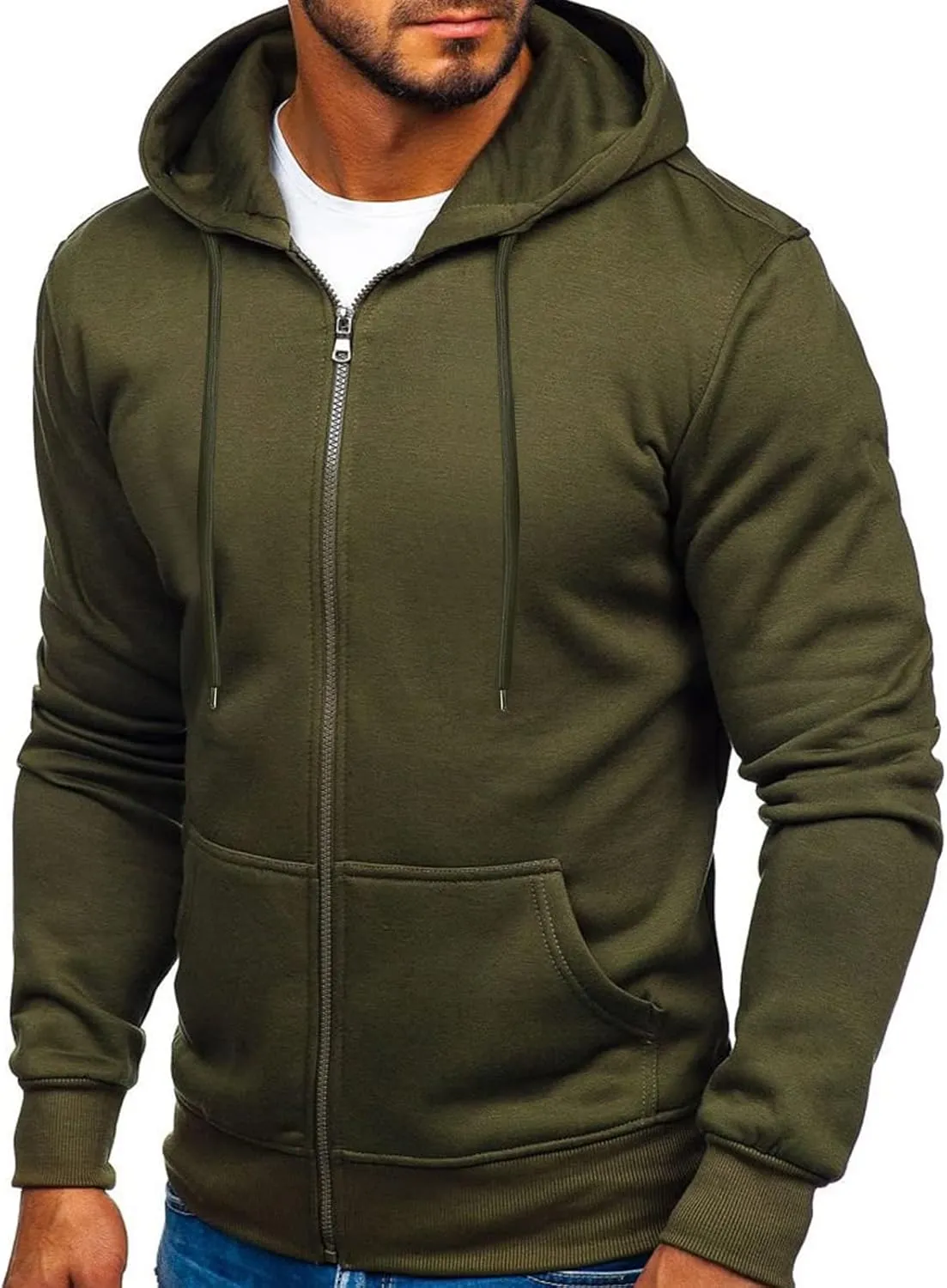 Men's Full Zip Hooded Sweatshirt Drawstring Long Sleeve Jacket Casual Solid Workout Athletic Running Hoodies Top with Pockets