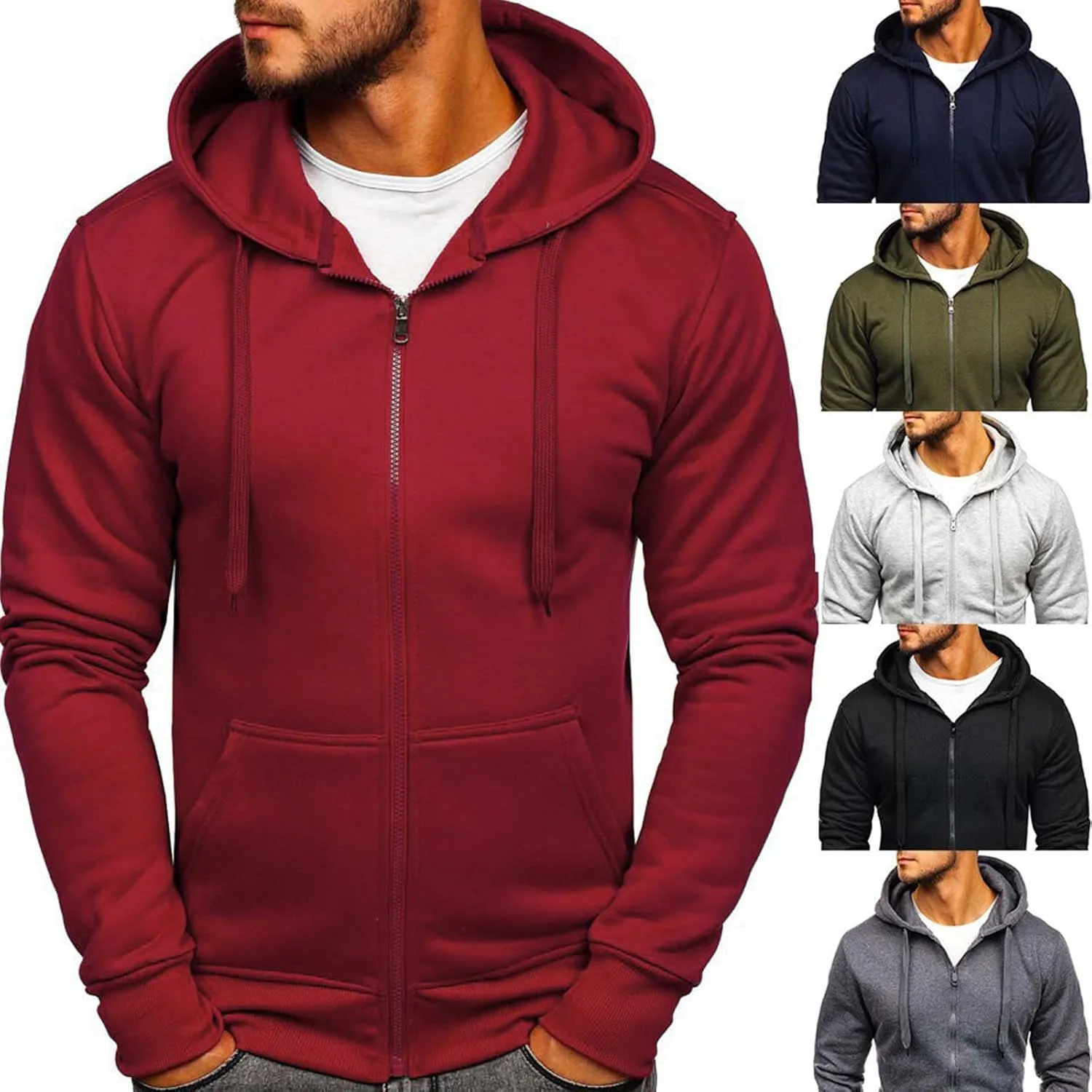 Men's Full Zip Hooded Sweatshirt Drawstring Long Sleeve Jacket Casual Solid Workout Athletic Running Hoodies Top with Pockets