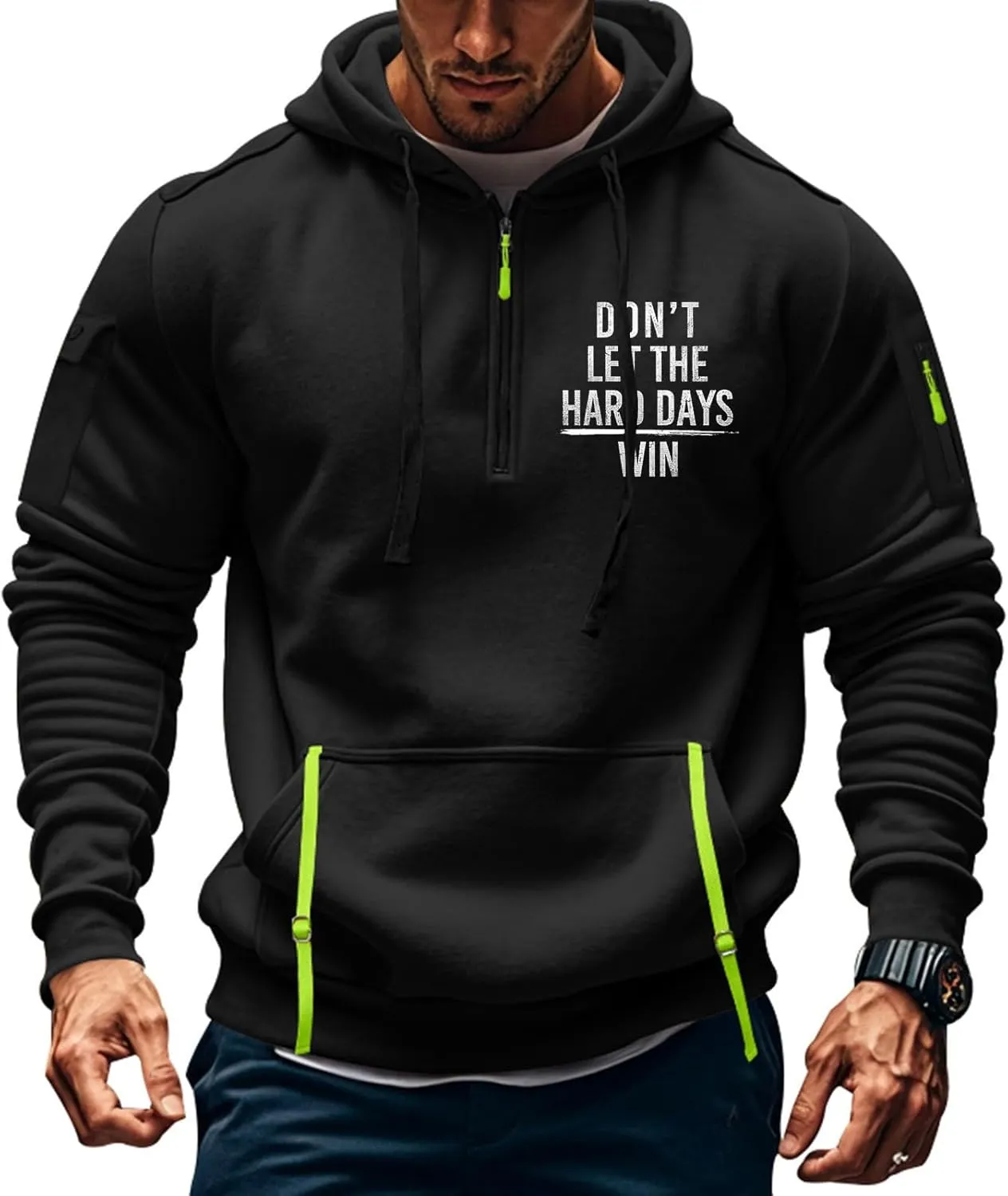 Mens Hoodies Quarter Zip Long Sleeve Tactical Sweatshirt Workout Pullover Shirt Loose Hooded Sweatshirt with Pockets