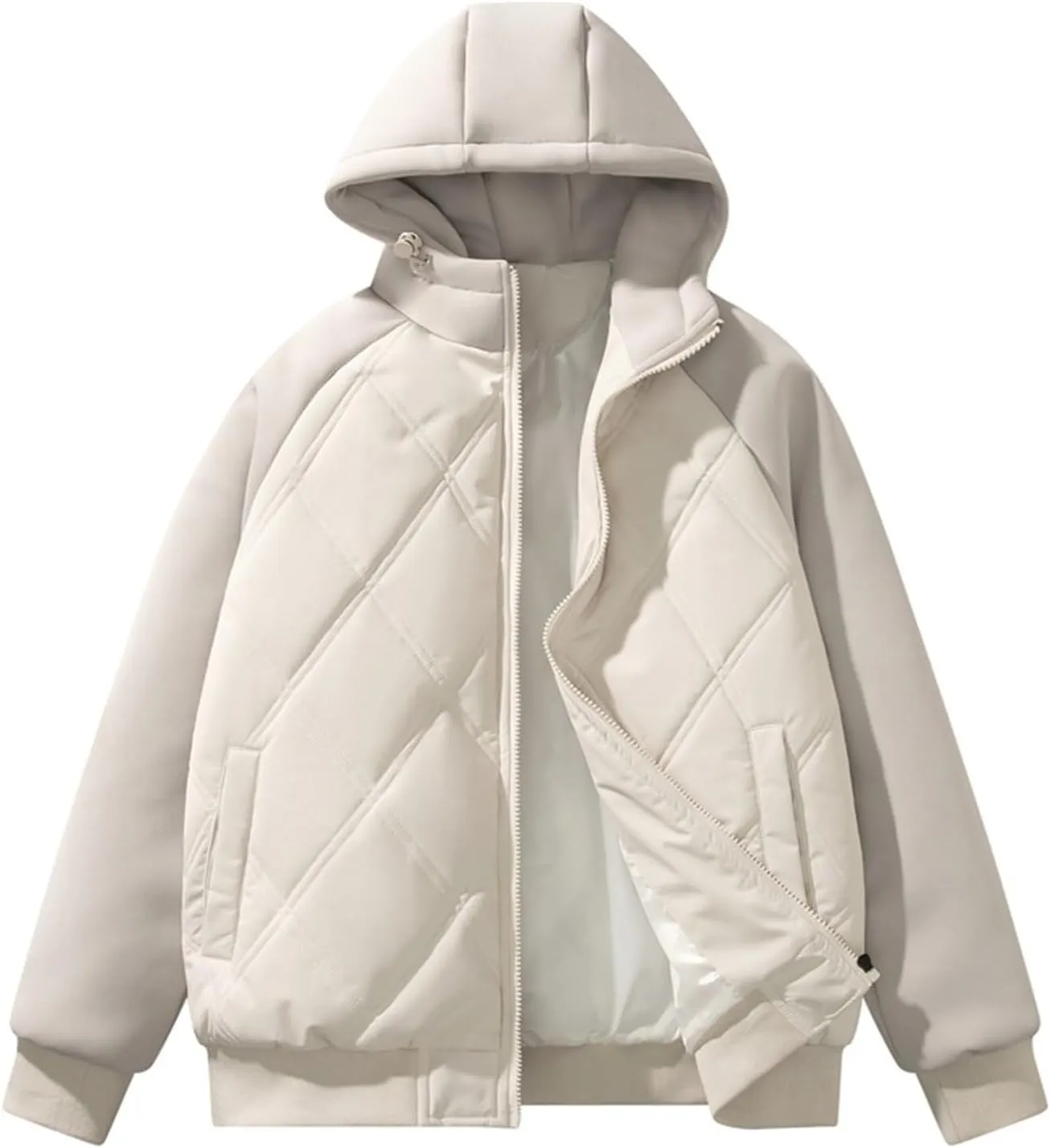 Mens Puffer Jacket Zip up Quilted Hoodie Lightweight Hooded Down Jacket Warm Padded Jackets Thermal Winter Coat