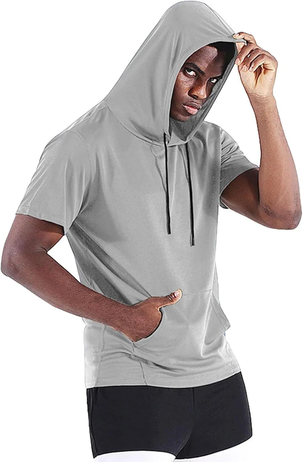 Mens Short Sleeve Hoodies Running Workout Gym Swetshirts Muscle Fit Sport Moisture Wicking Tees UPF 50  Active Tops