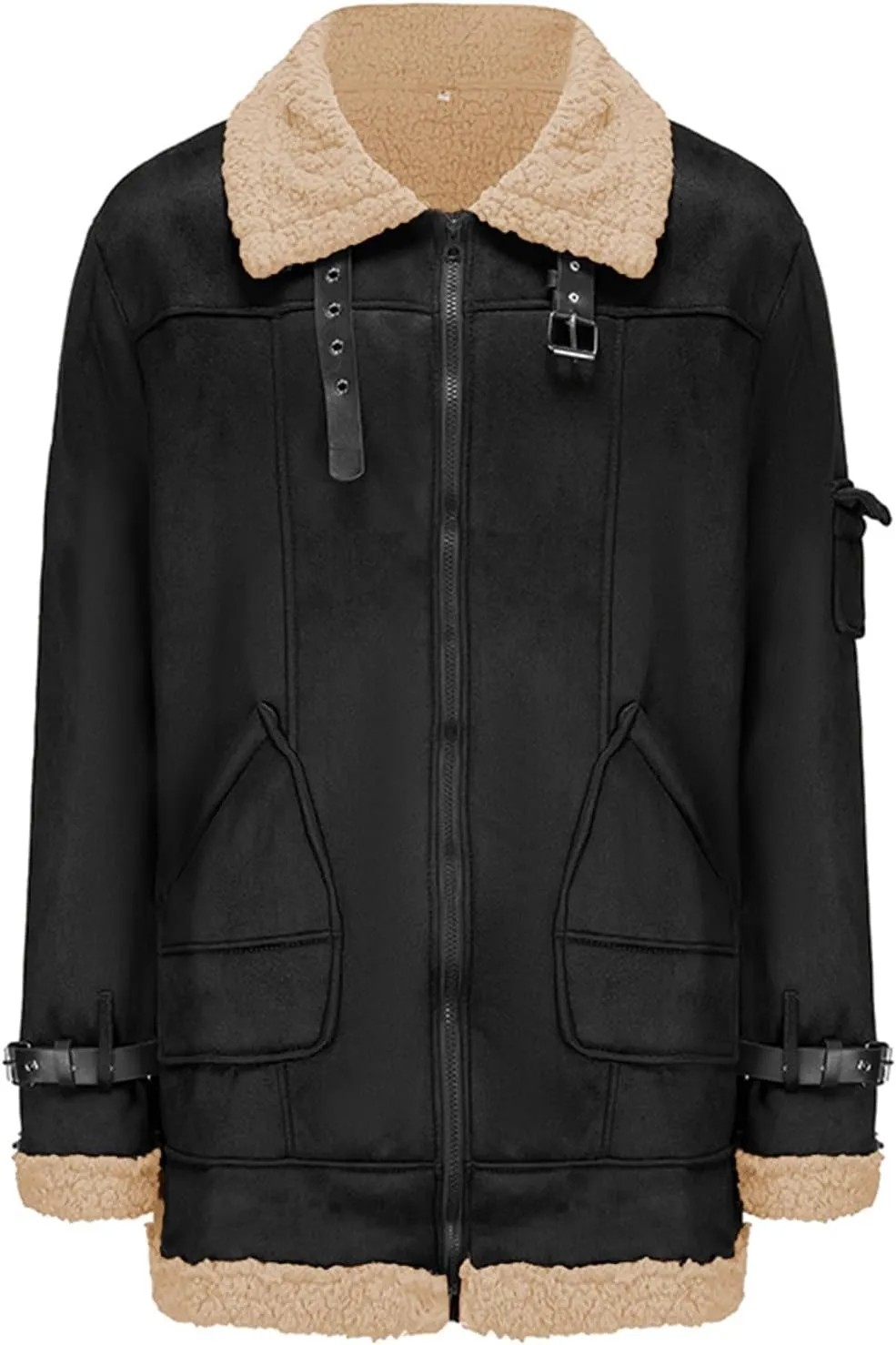 Mens Winter Jacket Sherpa Lined Faux Fur Bomber Aviator Jacket Warm Shearling Leather Coat Zip Up Outwear