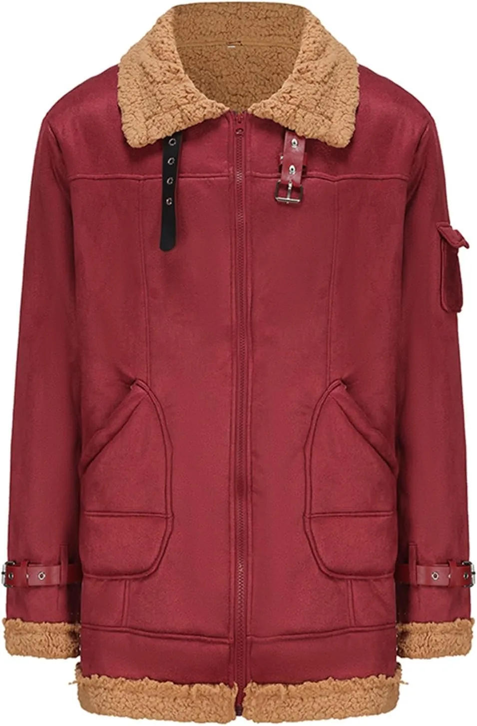Mens Winter Jacket Sherpa Lined Faux Fur Bomber Aviator Jacket Warm Shearling Leather Coat Zip Up Outwear