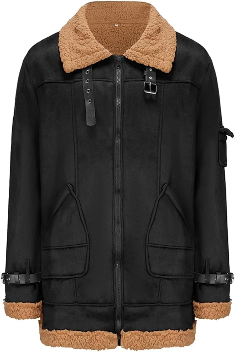Mens Winter Jacket Sherpa Lined Faux Fur Bomber Aviator Jacket Warm Shearling Leather Coat Zip Up Outwear