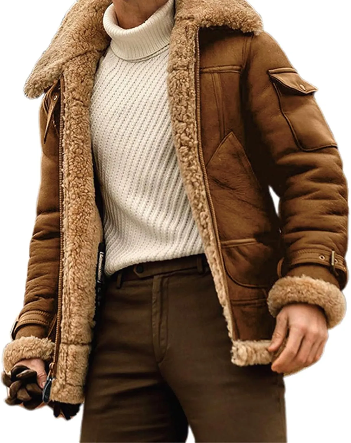 Mens Winter Jacket Sherpa Lined Faux Fur Bomber Aviator Jacket Warm Shearling Leather Coat Zip Up Outwear