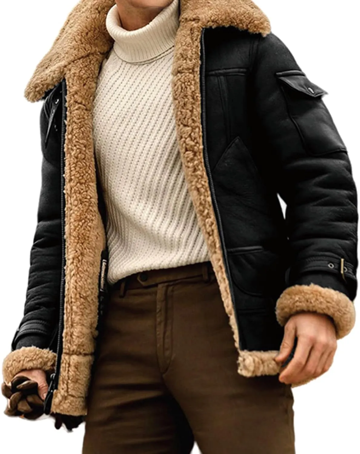Mens Winter Jacket Sherpa Lined Faux Fur Bomber Aviator Jacket Warm Shearling Leather Coat Zip Up Outwear